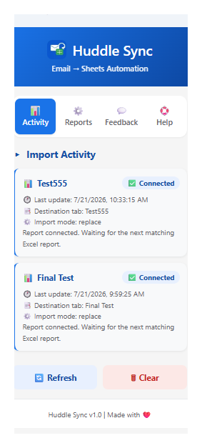 Huddle Sync Activity screen showing connected reports and status