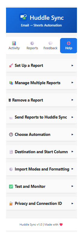 Huddle Sync Help screen showing setup and automation guidance