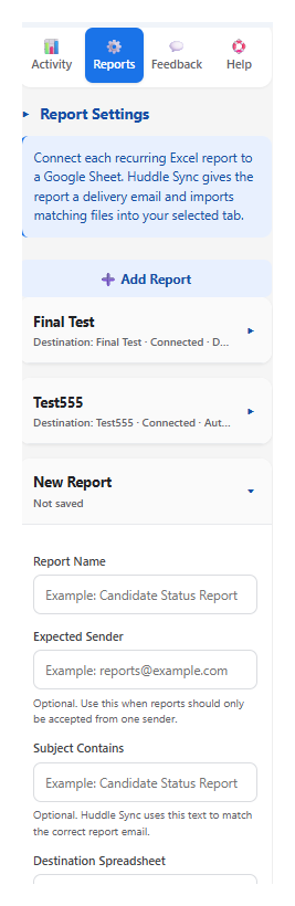 Huddle Sync Reports screen showing multiple report connections and setup fields
